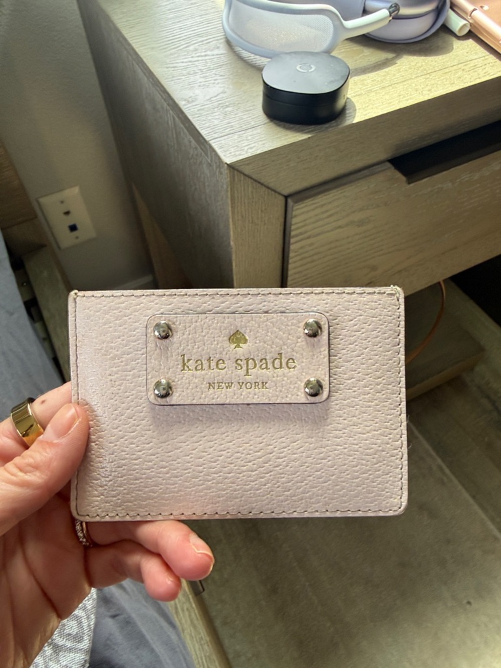 kate spade Pink Pebbled Leather Card Holder with Gold Plaque